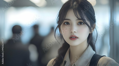 Young woman with long black...