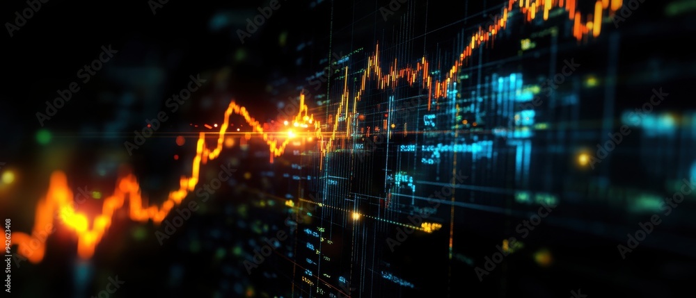 Dynamic financial graph illustrating market trends with glowing lines representing growth and fluctuation in data over time. Dynamic financial graph illustrating market trends with glowing lines representing growth and fluctuation in data over time.