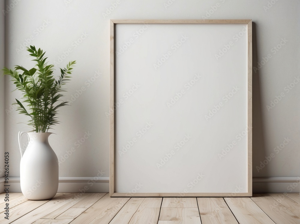 White Wall with Wooden Frame and Plant in a White Pitcher White Wall with Wooden Frame and Plant in a White Pitcher