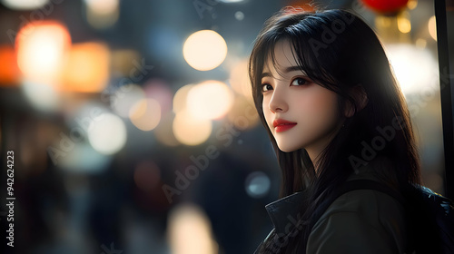 Young woman with long black hair  wearing a dark green jacket  stands in front of a blurred city lights background.