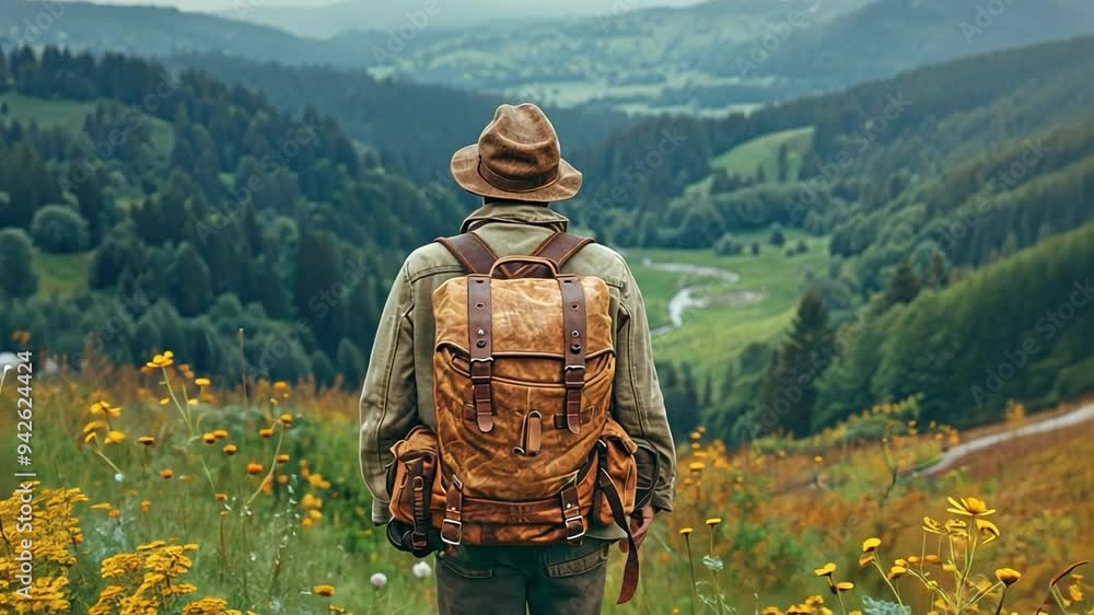 A hipster in a cap and a man carrying a briefcase are strolling down a path on a verdant hill. A hipster in a cap and a man carrying a briefcase are strolling down a path on a verdant hill.