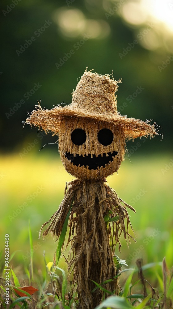 A whimsical scarecrow stands in a lush, green field, embodying autumn charm with its cheerful expression and straw hat. A whimsical scarecrow stands in a lush, green field, embodying autumn charm with its cheerful expression and straw hat.
