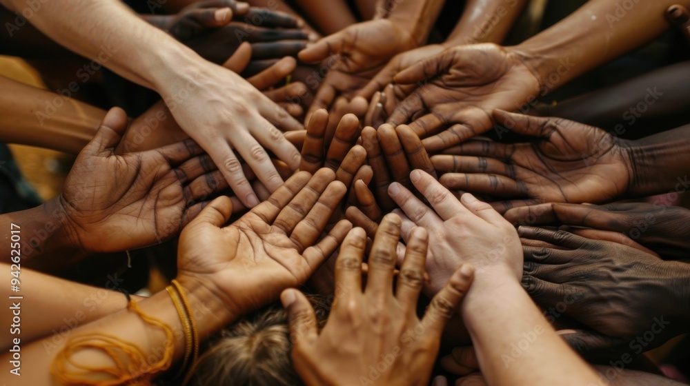 A close-up of diverse hands coming together in a unified gesture ...