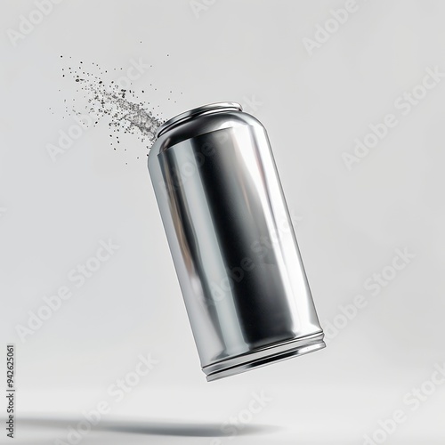 A single metallic spray paint can floating in mid-air, highlighting its clean, plain appearance against a stark white backdrop for a minimalist look.