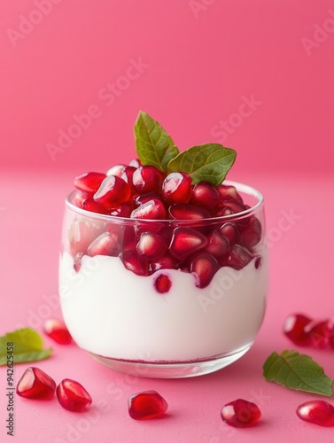 Juicy pomegranate arils layered in a parfait with yogurt and honey, vibrant red color, healthy and sweet