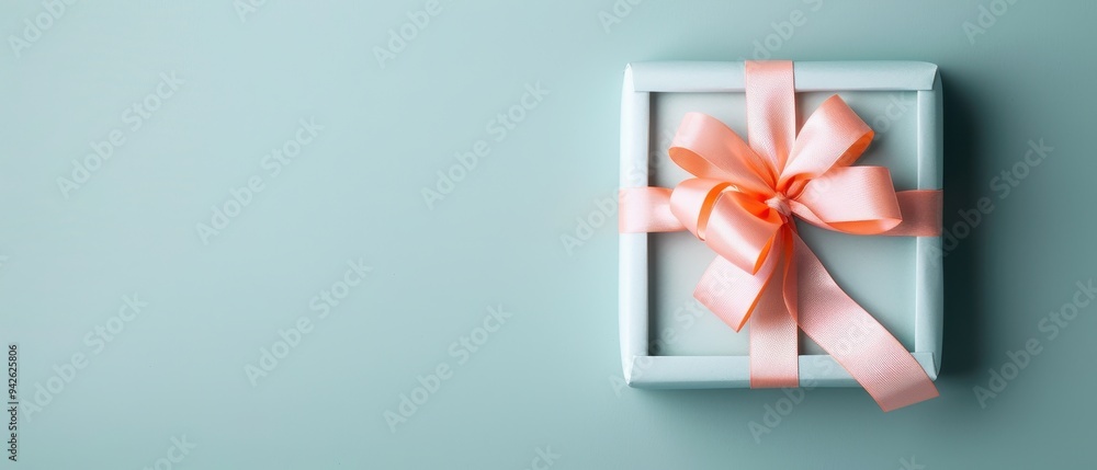 Delicate gift box, elegantly wrapped in soft blue paper, adorned with a soft peach ribbon, resting on a serene pastel background, perfect for celebrations and surprises Delicate gift box, elegantly wrapped in soft blue paper, adorned with a soft peach ribbon, resting on a serene pastel background, perfect for celebrations and surprises