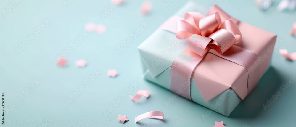 Delicate gift adorned with a soft pink ribbon, resting on a mint green surface, surrounded by playful star-shaped confetti, evoking celebration and joy. Delicate gift adorned with a soft pink ribbon, resting on a mint green surface, surrounded by playful star-shaped confetti, evoking celebration and joy.