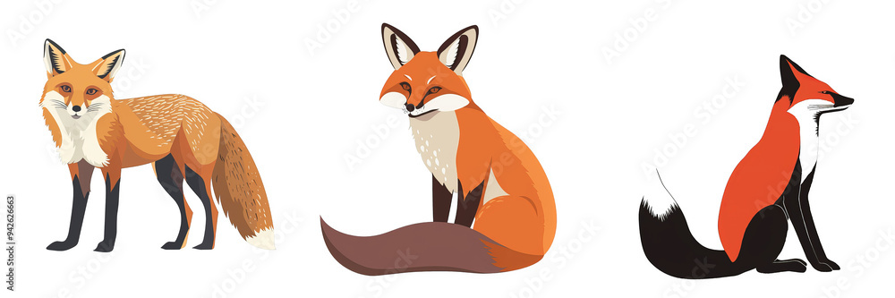 Obraz premium Three Cartoon Foxes Isolated on White Background, fox, animal, wildlife, illustration