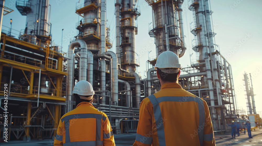 Workers outside an industrial plant for the production and processing of crude oil. Bright daytime. Generative AI. Workers outside an industrial plant for the production and processing of crude oil. Bright daytime. Generative AI.
