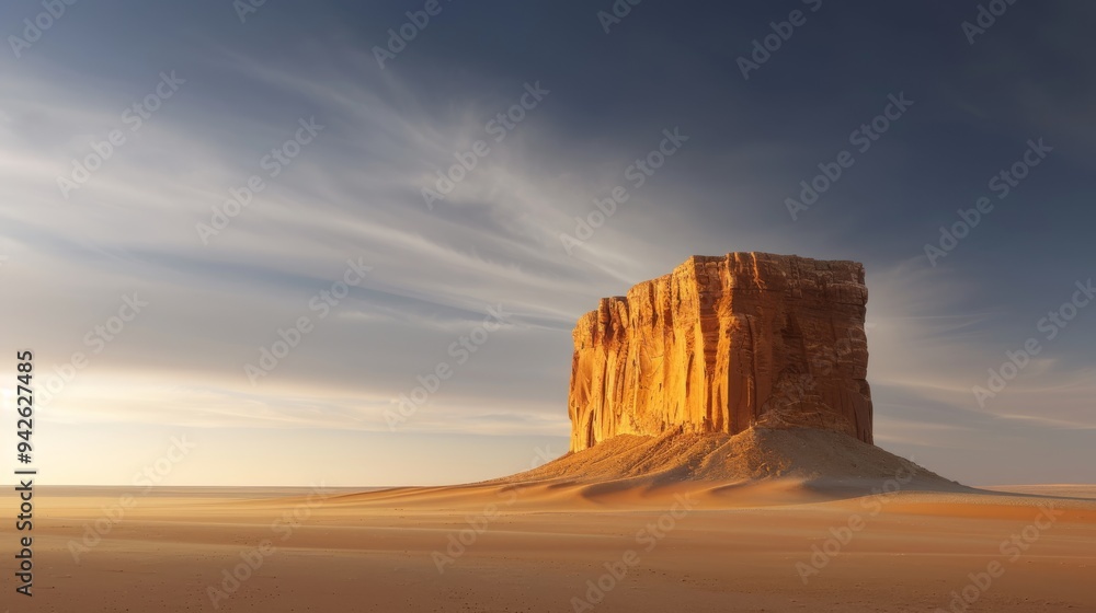 Naklejka premium Majestic Rock Formation in Vast Desert, a towering sandstone cliff rises amidst golden sands under a dramatic sky, showcasing natures timeless beauty and solitude.