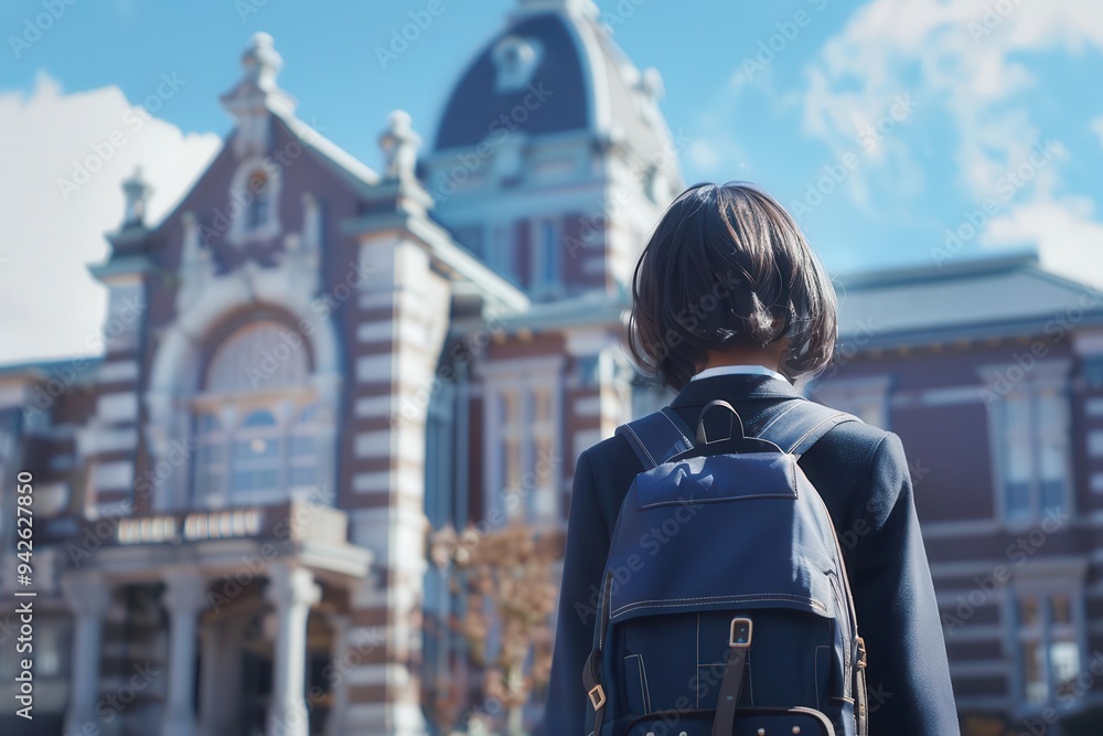 A student gazes at an ornate historical building under a bright sky, evoking a sense of anticipation and curiosity about the day ahead. A student gazes at an ornate historical building under a bright sky, evoking a sense of anticipation and curiosity about the day ahead.