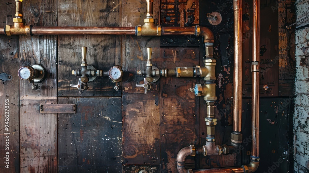 Industrial Pipes and Valves on Rustic Wooden Wall Industrial Pipes and Valves on Rustic Wooden Wall