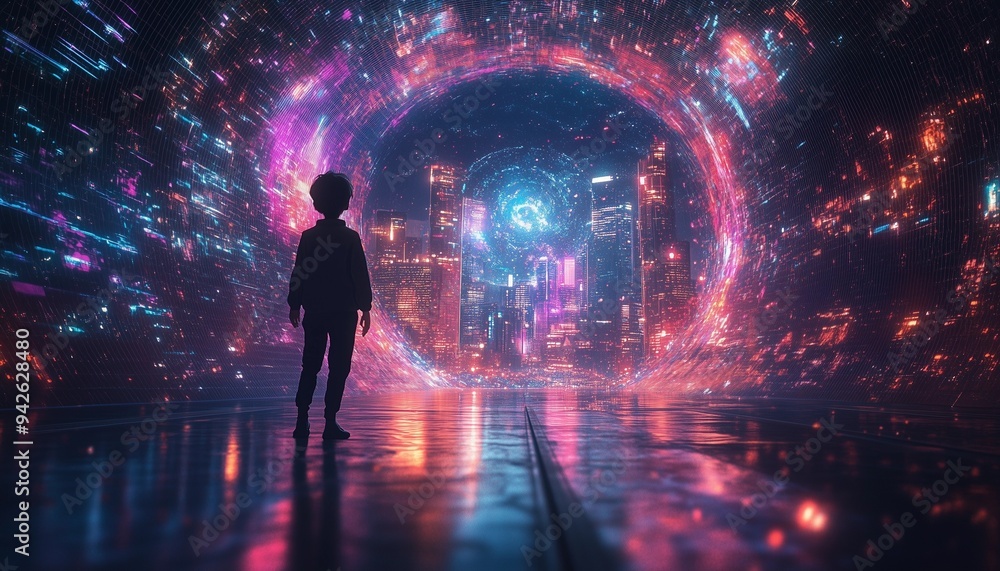 silhouette of a boy with a time tunnel, a boy in a parallel world, a time traveler silhouette of a boy with a time tunnel, a boy in a parallel world, a time traveler
