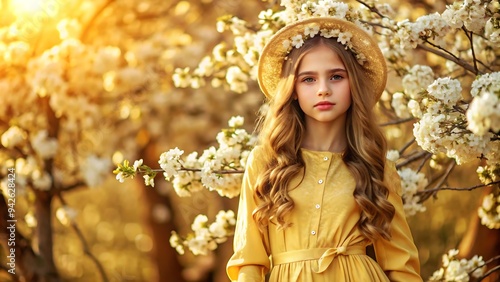 Girl in a Yellow Dress and Straw Hat in a Spring Orchard.