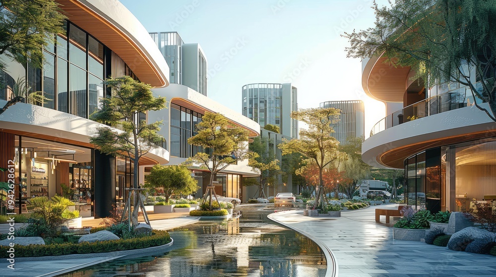 Modern commercial center in the park. Generative AI. Modern commercial center in the park. Generative AI.