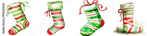 Watercolor Christmas Stockings Set, Isolated on White Background, Holiday Decor, Festive Socks, Christmas Illustration, Christmas Stockings , Christmas Decor, Winter Holidays, Watercolor Art photo