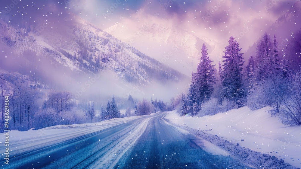 Snowy Mountain Road in the Cold with Avalanche and Blizzard Covered in Ice Surrounded by White Forest and Meadow in the Region Snowy Mountain Road in the Cold with Avalanche and Blizzard Covered in Ice Surrounded by White Forest and Meadow in the Region