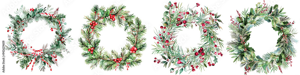 Watercolor Christmas Wreath with Berries and Candy Canes Isolated on White Background, Christmas Decor, Holiday Wreath, Winter Wreath, Christmas Ornament Watercolor Christmas Wreath with Berries and Candy Canes Isolated on White Background, Christmas Decor, Holiday Wreath, Winter Wreath, Christmas Ornament