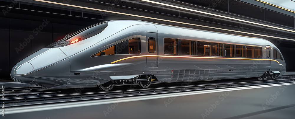 A sleek silver bullet train. modern train, with sleek lines and a polished metallic surface. Generative AI. A sleek silver bullet train. modern train, with sleek lines and a polished metallic surface. Generative AI.