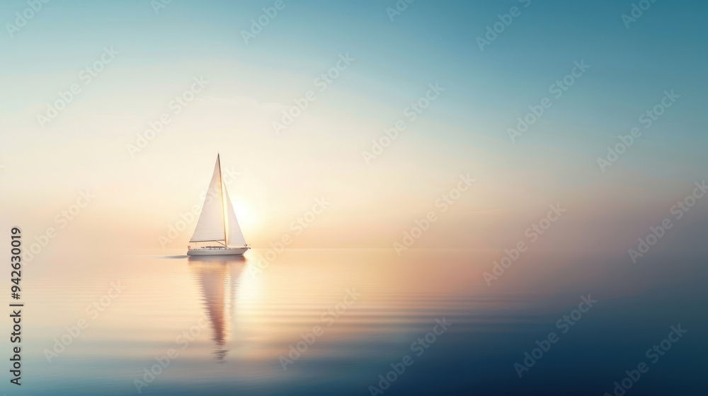 Fototapeta premium Serene sunrise sailing, a lone sailboat glides across calm waters, reflecting gentle hues of dawn in a tranquil bay, inviting peace and solitude.