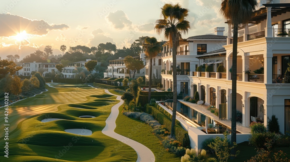 Naklejka premium Luxury housing complex with golf course. Generative AI.
