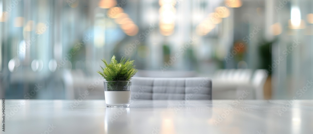 Modern workspace elegance, a small green plant in a glass container sits atop a polished table, soft focus background reveals contemporary furniture and ambient lighting. Modern workspace elegance, a small green plant in a glass container sits atop a polished table, soft focus background reveals contemporary furniture and ambient lighting.