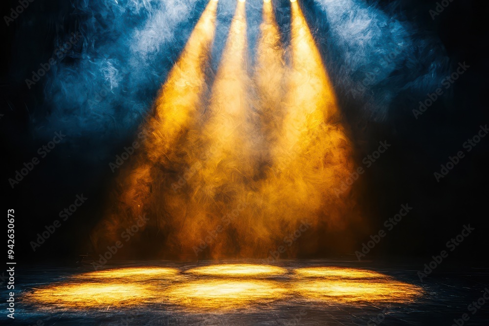 Obraz premium Golden spotlight illuminating a dark stage, soft beams spreading outwards, elegant and regal mood