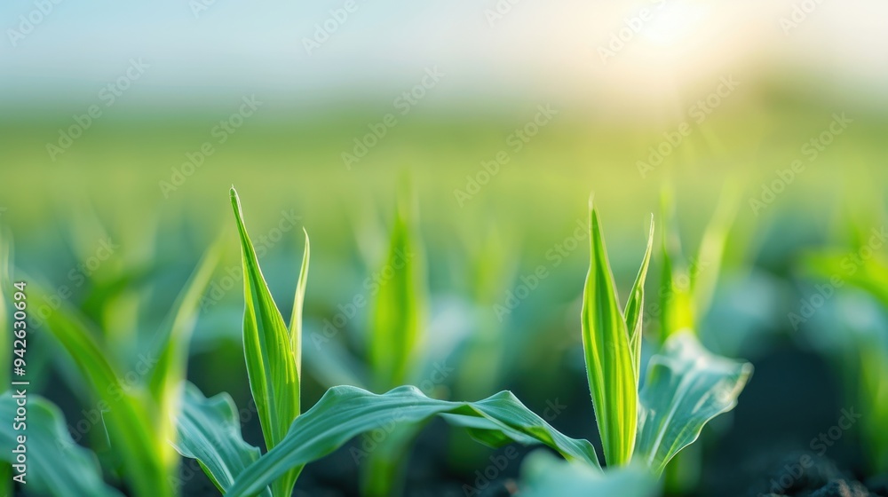 Emerging Cornfield, tender green shoots stretching towards the sun, symbolizing growth and vitality in early stages of agricultural development on a serene morning. Emerging Cornfield, tender green shoots stretching towards the sun, symbolizing growth and vitality in early stages of agricultural development on a serene morning.