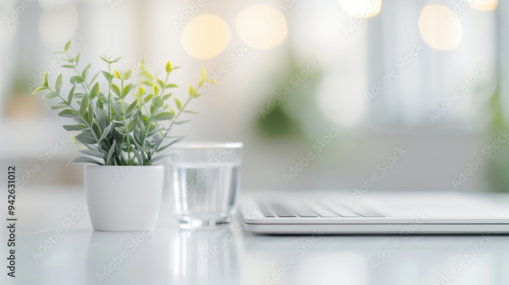 Fototapeta premium Modern workspace with greenery, a small potted plant brightening a sleek desk, a glass of water reflecting light, a laptop inviting productivity in a serene atmosphere