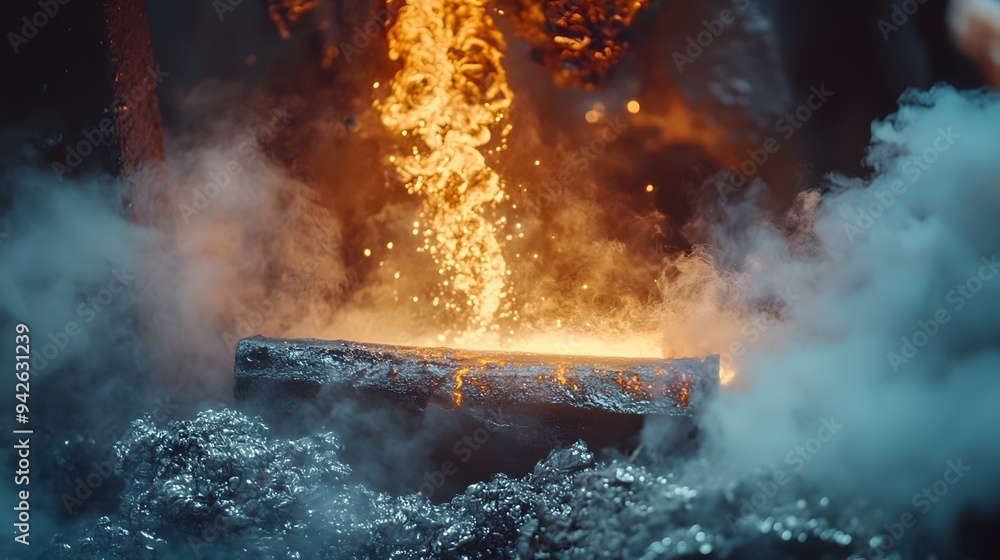 Wide shot of a smokey foundry with molten metal being poured under dramatic lighting Wide shot of a smokey foundry with molten metal being poured under dramatic lighting