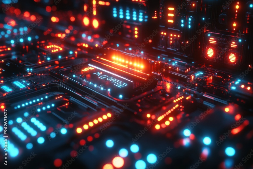 Futuristic Circuitry with Red and Blue Glowing Lights Futuristic Circuitry with Red and Blue Glowing Lights