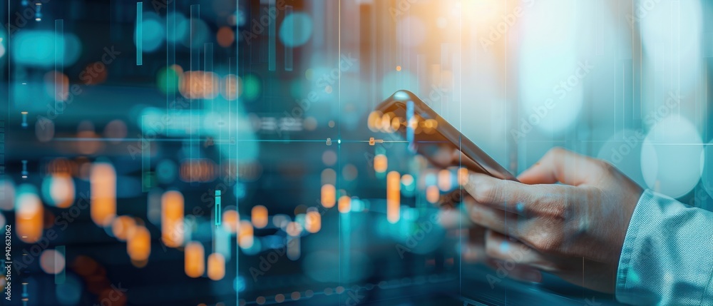 Mobile trading in a digital landscape, a persons hand holding a smartphone amidst vibrant stock market data, symbolizing financial technology and investment trends.