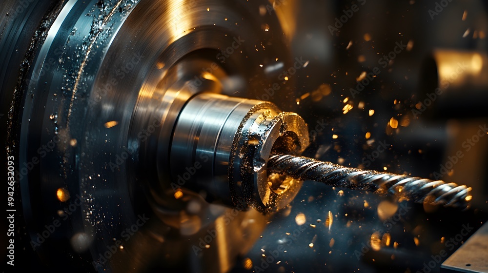 Close-up of a lathe machine in operation with high-contrast lighting and metallic textures Close-up of a lathe machine in operation with high-contrast lighting and metallic textures