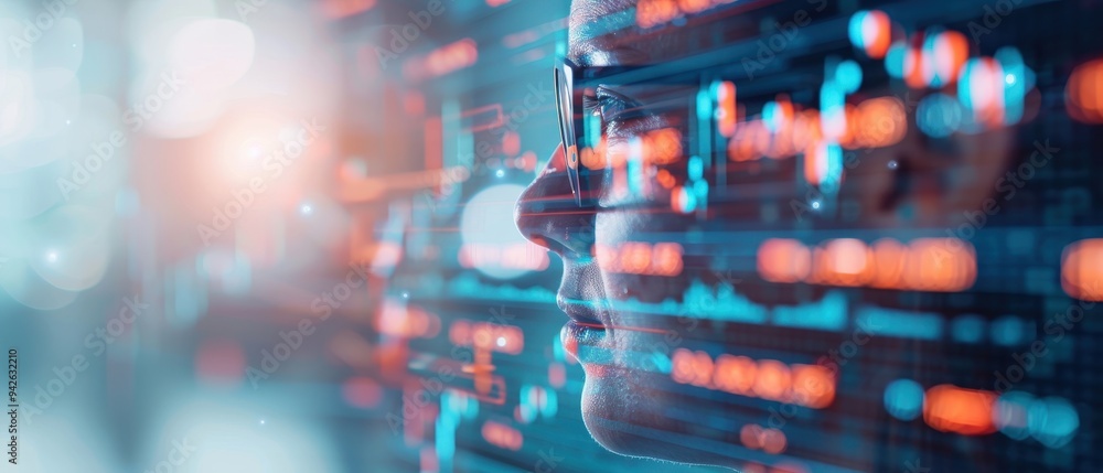 Digital Visionary, a person gazes thoughtfully at a complex interface of glowing data graphs and information, reflecting the intersection of technology and human insight. Digital Visionary, a person gazes thoughtfully at a complex interface of glowing data graphs and information, reflecting the intersection of technology and human insight.