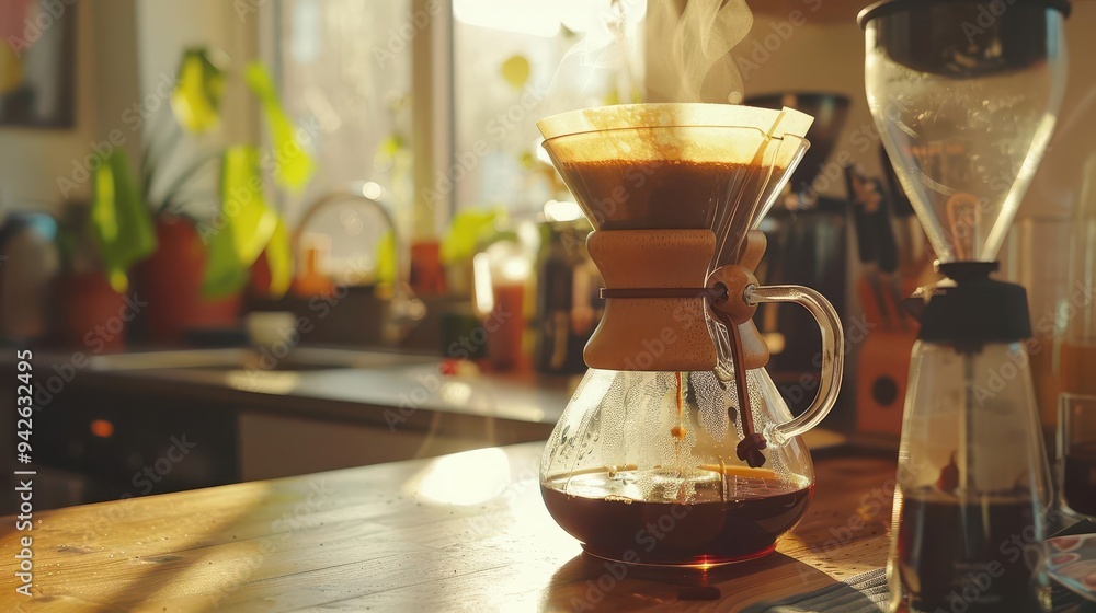 Morning brew, steaming coffee drips into a glass carafe, sunlight illuminates a cozy kitchen filled with greenery and kitchen tools, creating a warm ambiance. Morning brew, steaming coffee drips into a glass carafe, sunlight illuminates a cozy kitchen filled with greenery and kitchen tools, creating a warm ambiance.