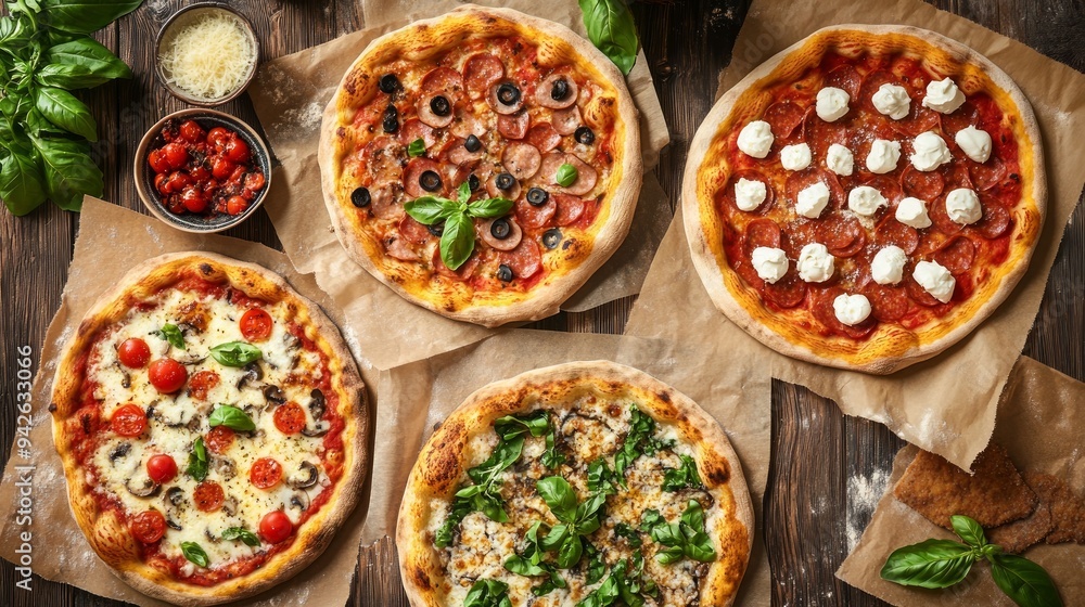 Artisanal pizzas with fresh toppings top view, rustic setting Artisanal pizzas with fresh toppings top view, rustic setting