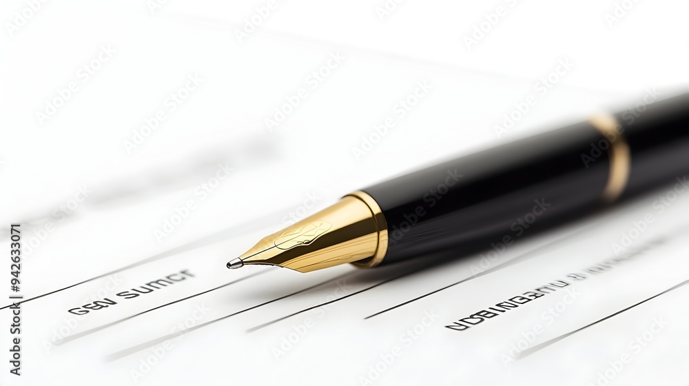 A close up view of a contract document with a pen placed diagonally across the page signifying it is ready to be signed on a plain white background A close up view of a contract document with a pen placed diagonally across the page signifying it is ready to be signed on a plain white background