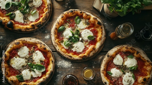 Artisanal pizzas with fresh toppings top view, rustic setting