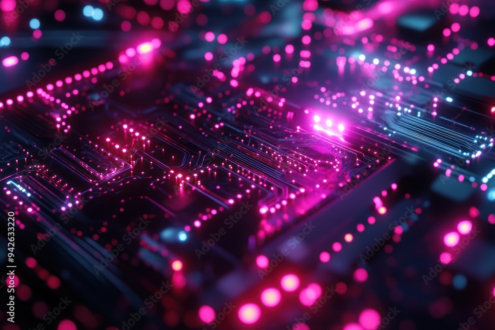 Close-up of a Glowing Circuit Board with Pink and Blue Lights Close-up of a Glowing Circuit Board with Pink and Blue Lights