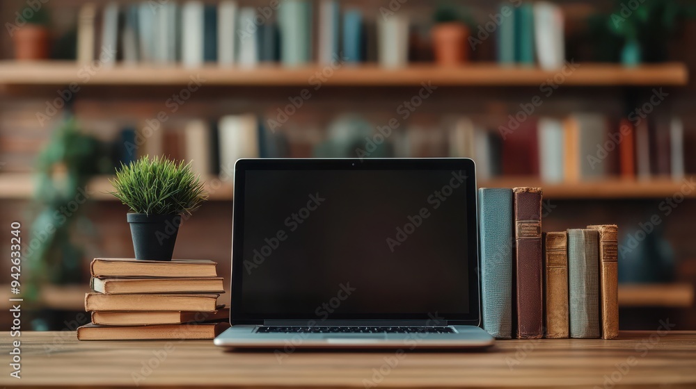 Laptop and books on a wooden desk in a modern office on a blurry background Laptop and books on a wooden desk in a modern office on a blurry background