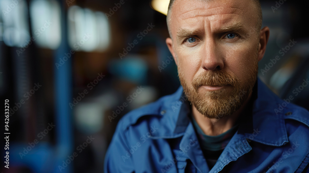 Caucasian mechanic in uniform posing at busy car repair station Caucasian mechanic in uniform posing at busy car repair station