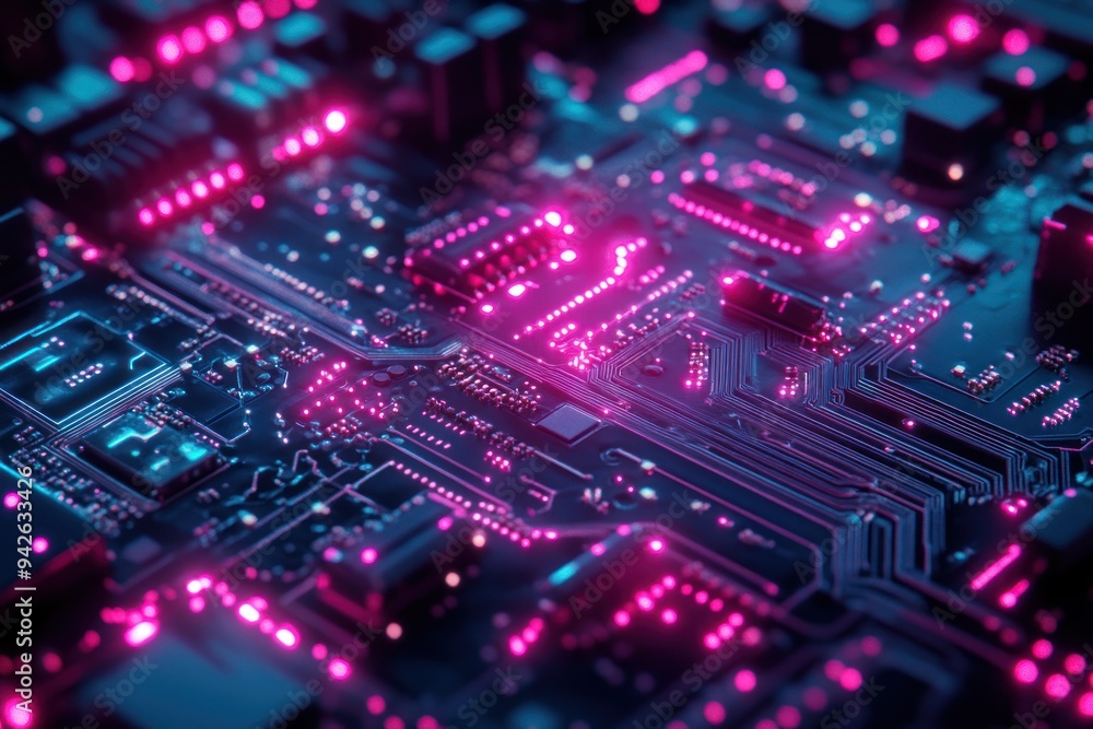 Close-up of a Circuit Board with Glowing Pink LEDs