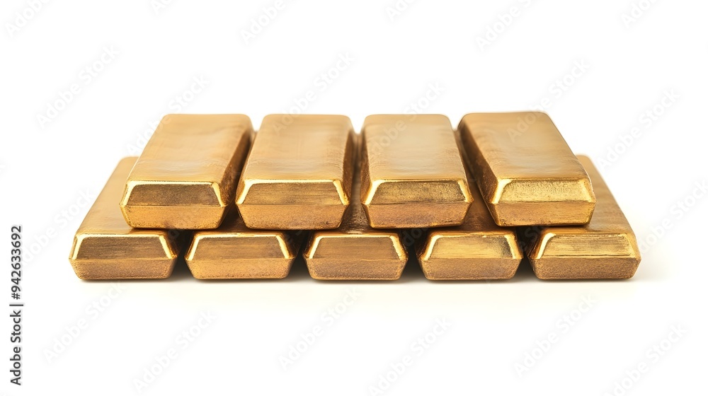 A meticulously arranged stack of shimmering gold bars against a clean white backdrop showcasing the wealth value and financial security represented by this precious metal A meticulously arranged stack of shimmering gold bars against a clean white backdrop showcasing the wealth value and financial security represented by this precious metal