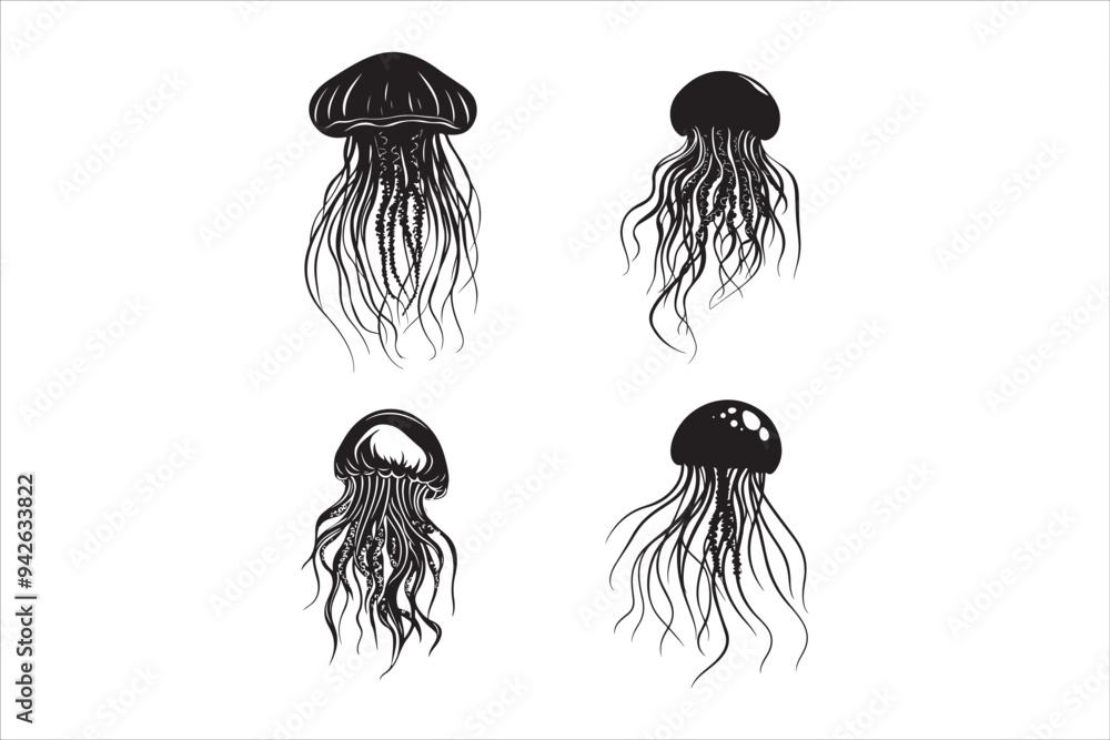 Obraz premium Trending Jellyfish Silhouette, Modern Marine life, Ocean, Sea creature, Underwater, Aquatic, Minimalist, Sea life, Transparent, Abstract, Vector, Sea, Black and white, Illustration, Marine, 