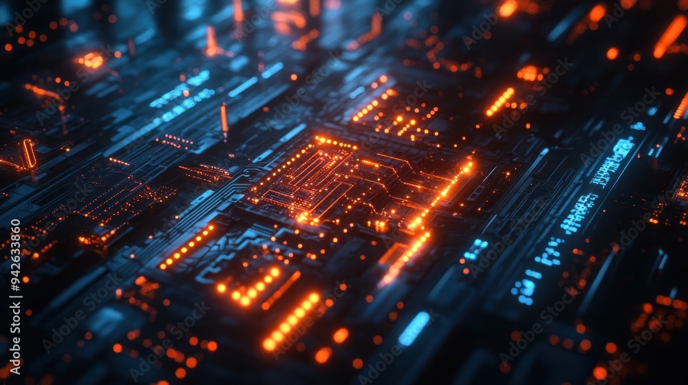 Glowing Circuit Board with Orange and Blue Lights Glowing Circuit Board with Orange and Blue Lights