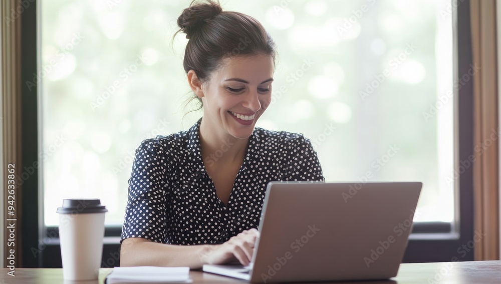 Smiling Woman Typing on Laptop in Bright Office with Large Windows and Natural Light, Wearing Polka Dot Outfit and Dark Hair Tied Back, Sitting with Coffee Cup Beside Her, Modern Work or Study Environ Smiling Woman Typing on Laptop in Bright Office with Large Windows and Natural Light, Wearing Polka Dot Outfit and Dark Hair Tied Back, Sitting with Coffee Cup Beside Her, Modern Work or Study Environ