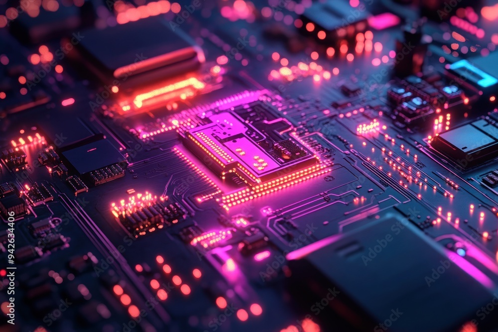 Close-up of a glowing circuit board with a prominent chip Close-up of a glowing circuit board with a prominent chip