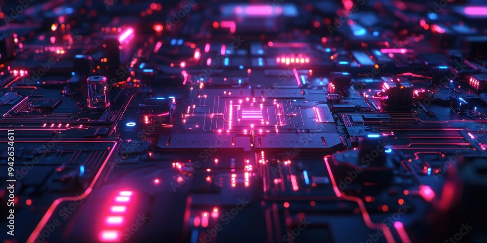 Close-up of a futuristic circuit board with pink and blue lights Close-up of a futuristic circuit board with pink and blue lights