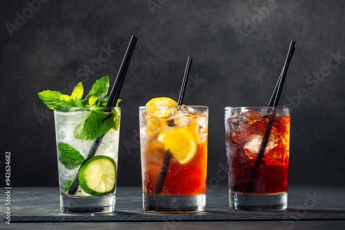 Low-Angle Studio Photography of Three Different Cocktails with Black Straws, Including Mojito, Daiquiri, and Amaretto, Against a Dark Grey Background