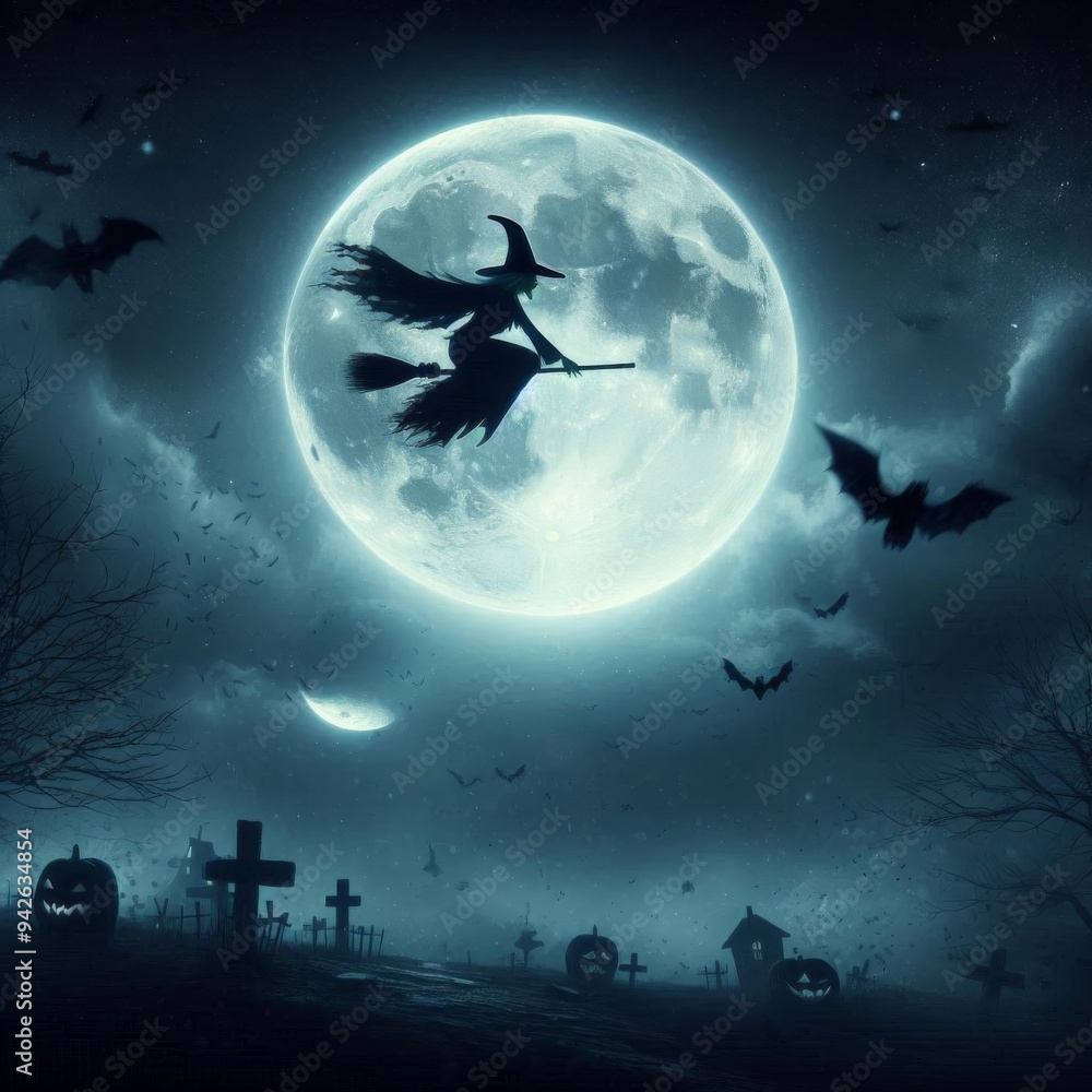 Witch Flying Under the Full Moon in a Spooky Halloween Night Sky Witch Flying Under the Full Moon in a Spooky Halloween Night Sky